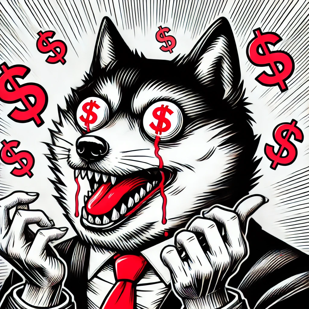 DALL·E 2024-08-29 12.04.27 - A surreal, meme-style illustration featuring a quirky, exaggerated wolf with a hungry expression. The wolf is depicted with its mouth open, showing sh